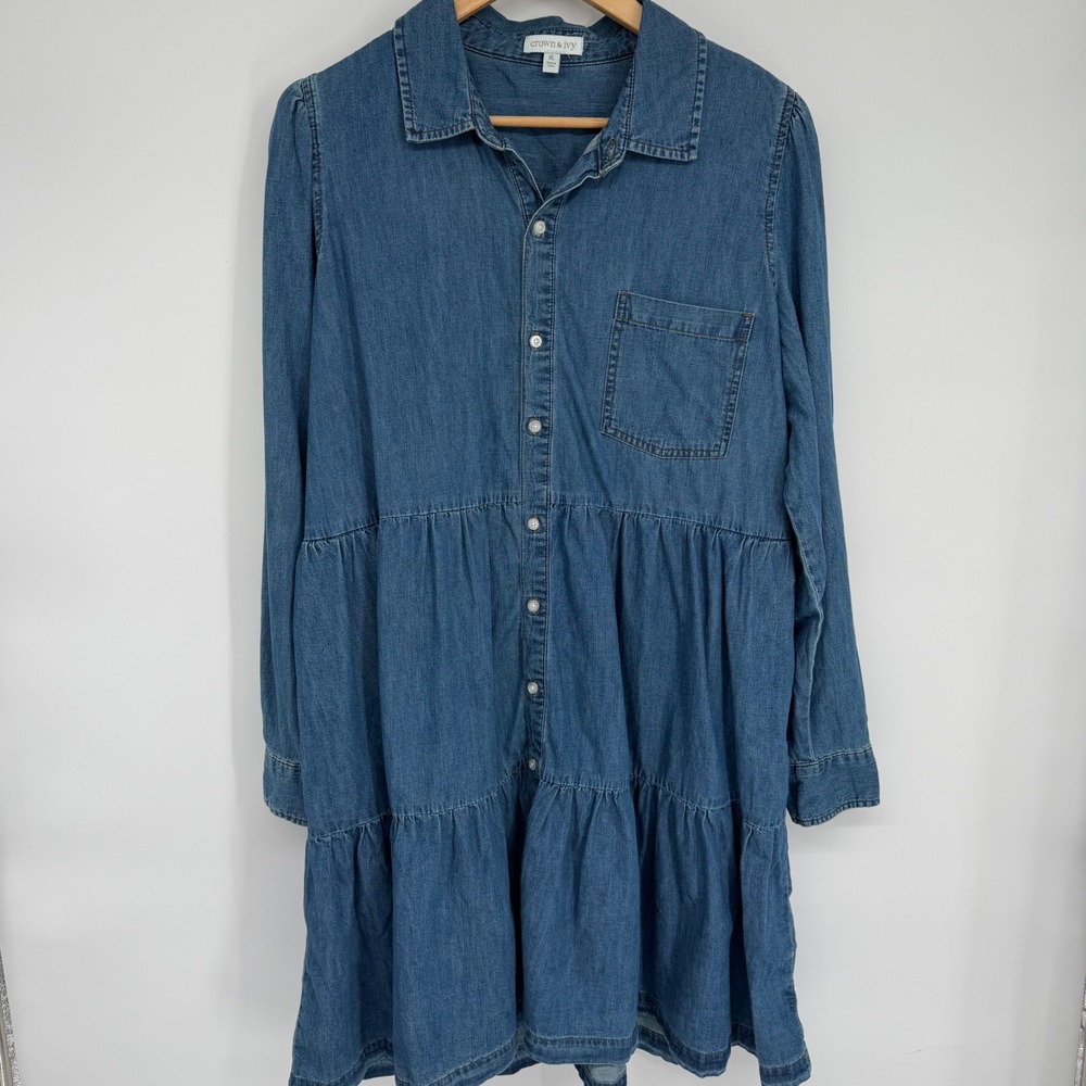 Crown & Ivy Tiered Shirt Dress Womens XL Blue Denim Fall Western PrairieCore